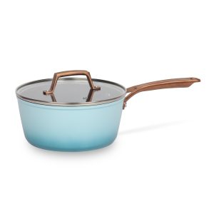 Forged Alu Misty Rain Series Sauce Pan Non Stick Coating Gradient Color Exterior Gold Plated Handle Tempered Glass Lid 16/18cm